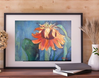 Sunflower Original Oil Painting, Flower Still Life,  Farmhouse or Country Home,  Floral Wall Decor,  Blue and Orange, Closeout Sale