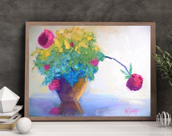 Pink Rose Floral Still Life, Original Oil Painting, Home Wall Decor on Canvas, Palette Knife Textured Artwork, Flower Oil Art, Closeout Sale