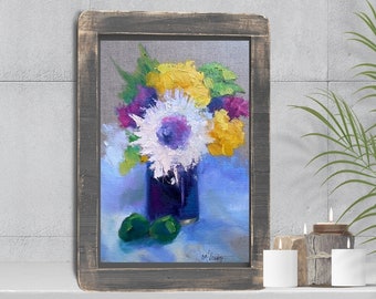 Flower Still Life, Original Oil Painting on Linen, Floral Bouquet, Home Wall Decor, Palette Knife Art Texture, Yellow, Purple, Closeout Sale