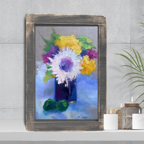 Flower Still Life, Original Oil Painting on Linen, Floral Bouquet, Home Wall Decor, Palette Knife Art Texture, Yellow, Purple, Closeout Sale