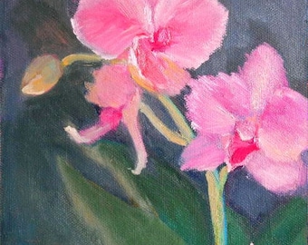 Pink Orchid Painting, Small Oil Painting, Floral Still Life, Small Flower Painting, 6x6" Oil Painting on Panel, Free Shipping in US