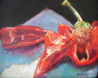 Red Pepper Still Life Painting, Original Art Under Forty Dollars, Kitchen Wall Decor, Vegetable Art, Restaurant Decor, Closeout Sale