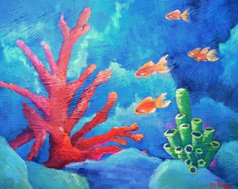 Coral Reef  Nautical Oil Painting on Canvas, Florida Keys, Tropical Fish, Original Beach and Coastal Home Decor, Textured, Closeout Sale