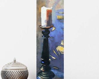 Candle and Candlestick Still Life Original Oil Painting on Canvas,  Home Wall Decor, Shelf Decor, Art Under Forty Dollars, Closeout Sale