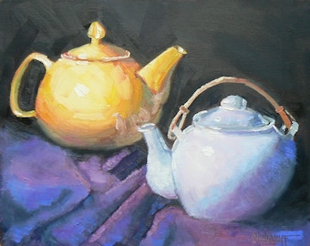 Teapot Still Life Original Oil Painting,  Kitchen or Breakfast Nook Wall Decor, Cafe or Tearoom Decor, Closeout Sale Art Under Forty Dollars