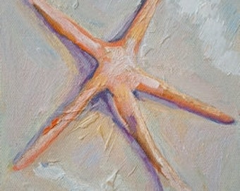 Florida Landscape Painting, Starfish On Beach Small Oil Art, Coastal Home Decor, Nautical Theme, Surf and Sand, Shelf Filler, Closeout Sale