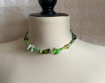 Green choker necklace, small glass beads.