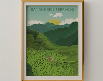 May include: A framed print of a colorful illustration of the Banaue Rice Terraces in the Philippines. The illustration depicts a green landscape with rice paddies, mountains, and a small village.