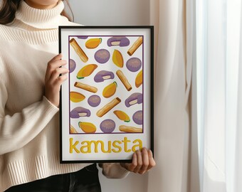 Filipino Greetings Kamusta Philippines Culture Printable Poster Lumpia Mango Ube Pandesal Decor for Multicultural Asian American Artwork