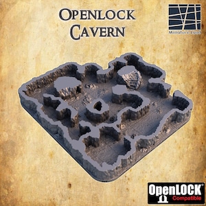 May include: A grey plastic model of a cave system with a textured surface. The model is designed for use with miniature figures and is compatible with OpenLOCK tiles. The model is labelled "OpenLOCK Cavern".
