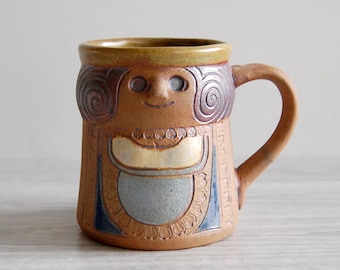 70s Vintage Folk Art Pottery Woman Queen Mug