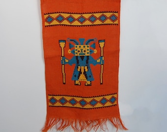 midcentury aztec-ish wall hanging, vintage cross stitch wall hanging, vintage aztec wall hanging, midcentury modern cross stitched burlap