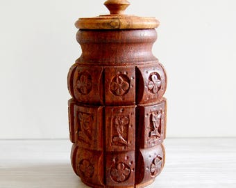 Hand Carved Indian Wooden Lidded Jar | Vintage Floral Carved Wood Trinket Box | Rustic India Folk Art Storage Container