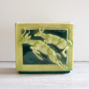 Royal Copley Deer Planter | Vintage Midcentury Woodland Pottery | Leaping Deer Relief Cachepot | Green Ceramic Vase