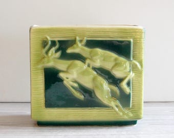 Royal Copley Deer Planter | Vintage Midcentury Woodland Pottery | Leaping Deer Relief Cachepot | Green Ceramic Vase
