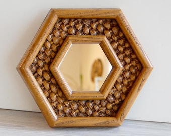 Late 70s Early 80s Hexagon Wall Mirror | Faux Bamboo & Woven Rattan Frame | Boho Coastal Decor