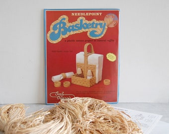 basketry kit, vintage basketry kit, vintage plastic canvas kit, napkin holder kit & napkin ring kit, vintage raffia craft kit, complete