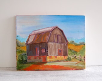barn painting, vintage barn painting, vintage original barn painting, vintage original acrylic painting, vintage original painting, signed