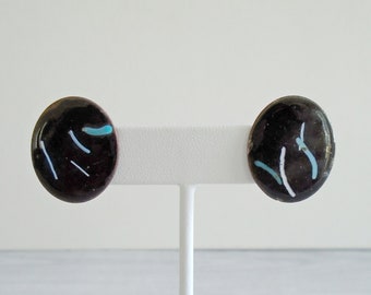 enamel copper earrings, vintage enamel earrings, clip on, handmade enameled earrings, midcentury modern, minimal abstract, black enamel oval