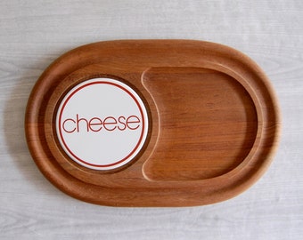 teak cheese board with enameled plate, vintage teak cheese board, vintage wood cheese board, vintage wood cheese plate, enamel cheese board