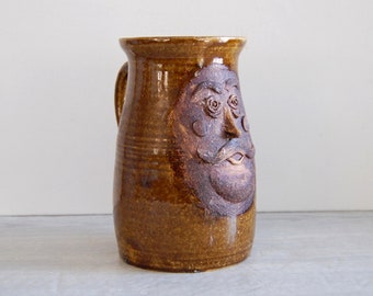 mustachioed pottery stein, vintage studio pottery stein, vintage large studio pottery mug, vintage studio pottery face mug, thrown pottery