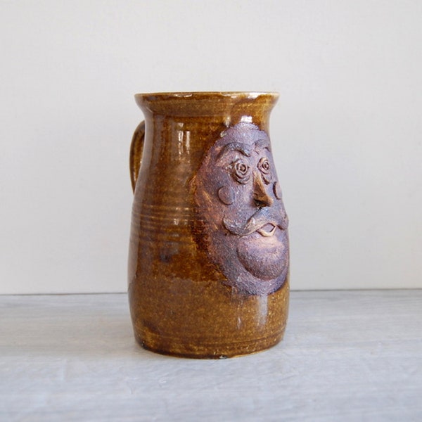 mustachioed pottery stein, vintage studio pottery stein, vintage large studio pottery mug, vintage studio pottery face mug, thrown pottery