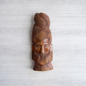 Vintage Carved Wooden Head Sculpture, Hindu or Buddhist Decor