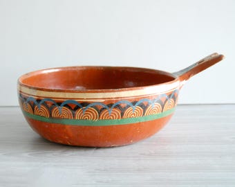 Vintage Mexican Redware Bowl with Handle | Hand-Painted Terracotta Cazuela | Rustic Farmhouse Decor