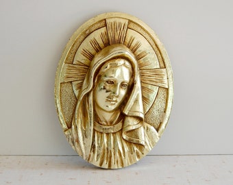 virgin mary plaque, vintage virgin mary plaque, vintage gold virgin mary plaque, vintage religious plaque, vintage christian decor, religion