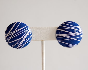 Vintage Blue & White Striped Round Button Earrings– 80s Postmodern Earrings