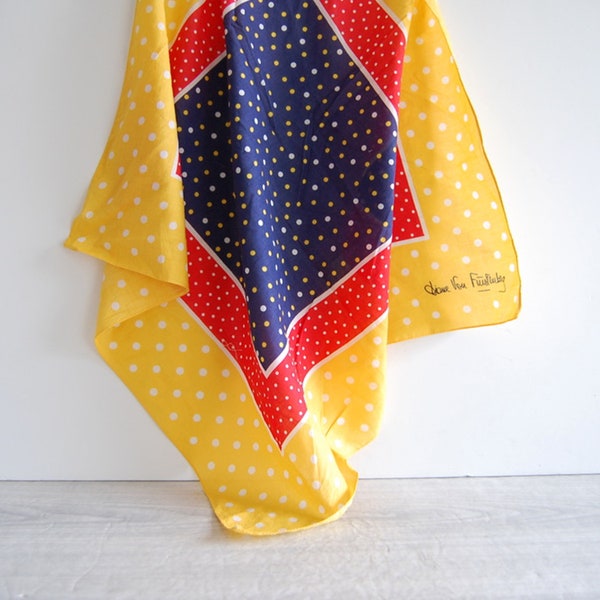 diane von furstenberg scarf, vintage diane von furstenberg scarf, vintage dvf scarf, vintage polka dot scarf, red blue & yellow, bandana