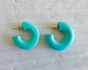 Vintage Teal Wood Hoop Earrings, 80s Style