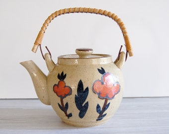 thrown pottery teapot with bamboo handle, vintage thrown pottery teapot, vintage Japanese teapot, vintage floral teapot, midcentury modern