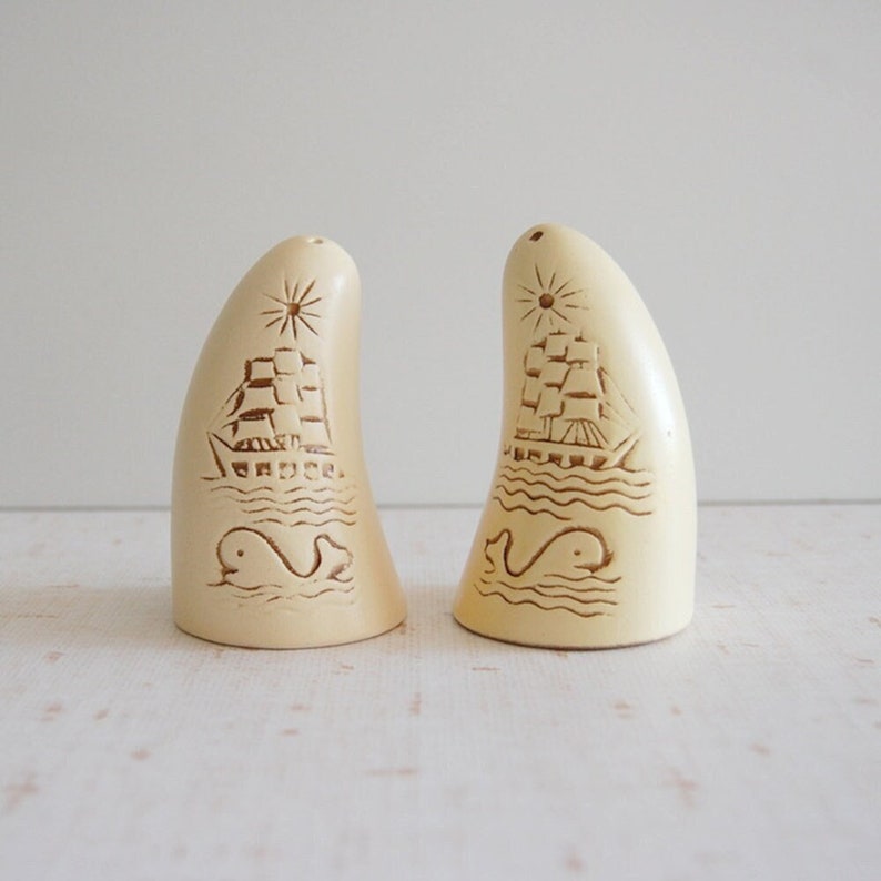 faux tusk salt & pepper shakers, vintage whale salt pepper shakers, vintage nautical salt pepper shakers, vintage boat salt pepper shakers image 1