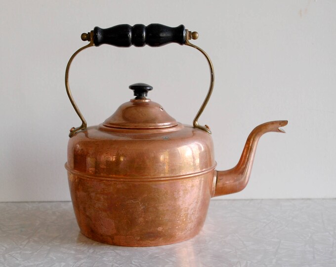Copper Tea Kettle Made in England Teapot Brass & Wood Etsy