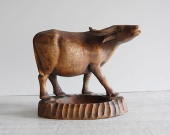 wood ox figurine ashtray, vintage carved wood ashtray, vintage carved wood ox figurine, vintage carved wood water buffalo figurine, cigar