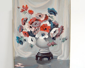 Midcentury Floral Paint by Number Painting, Japanese Vase Still Life