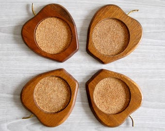Vintage Midcentury Seren Wood and Cork Apple Coaster Set