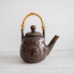 Vintage Floral Terra Cotta Teapot with Bamboo Handle