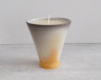 studio pottery candle, vintage pottery candle, hand-poured white beeswax candle, hygge home decor, celadon pottery, small art pottery candle