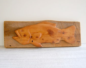 carved fish wall plaque, vintage carved fish, vintage carved wood fish, vintage fish wall art, vintage primitive carved fish, folk art fish