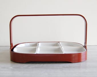 Vintage Lacquered Divided Serving Tray with Ceramic Dishes, Made in Japan