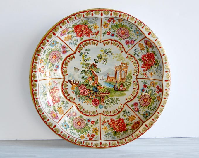 Vintage Daher Ware Bowl, Regency Scene Floral Tin Bowl, 1971