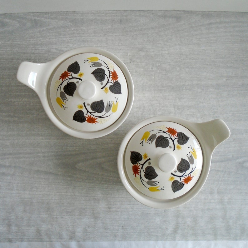 syracuse china casseroles, vintage syracuse china dishes, vintage 80s syracuse china, midcentury modern motif, vintage syracuse lidded dish image 1