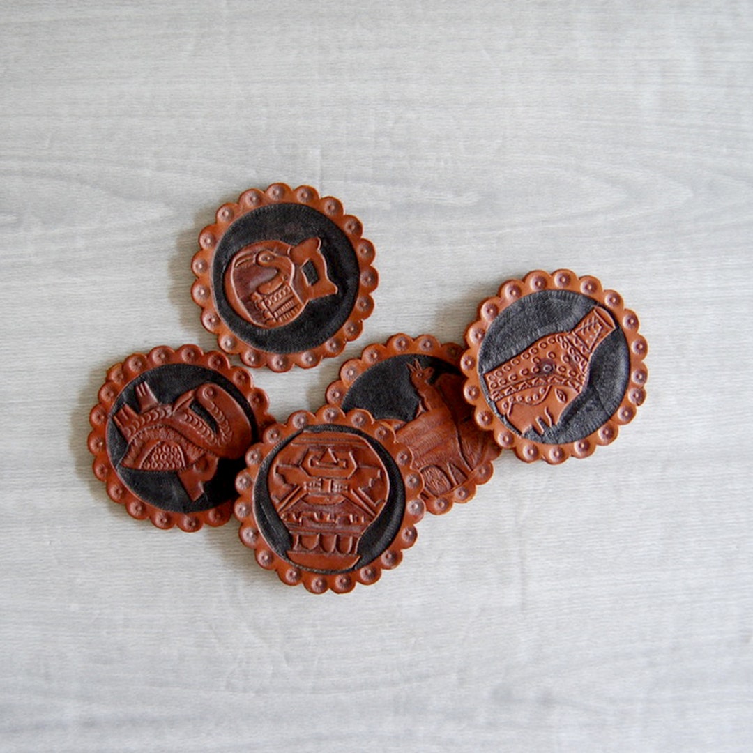 Peruvian Leather Coasters, Vintage Leather Coasters, Vintage Tooled