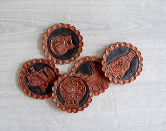 peruvian leather coasters, vintage leather coasters, vintage tooled leather coasters, vintage bar coasters, vintage mayan decor, folk art