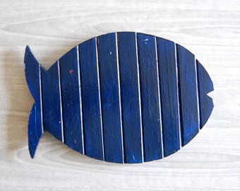 Primitive Fish Trivet, Hand-painted Wooden Blue Fish Art, Beach Lake House Wall Decor
