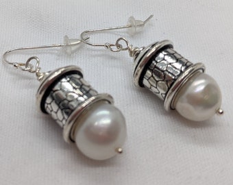 White Pearl and Silver Women's Dangle Earrings, Sterling Silver Earwires, "Lamplight"