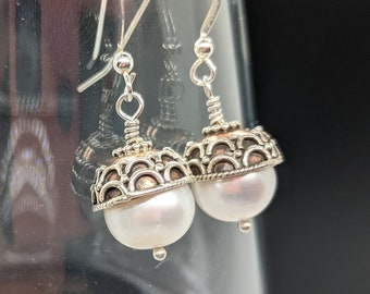 Unusual Pearl Earrings, Sterling, Copper, Freshwater White Pearls, Round Dangle Pierced Earring, "Queen of '59"