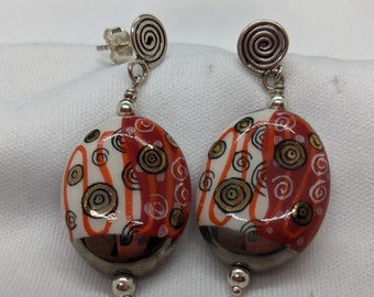 Ceramic and Sterling Pierced Post Earrings, Red, White, Silver, Black Gold, Spiral Dangle, "You Spin Me Right Round"
